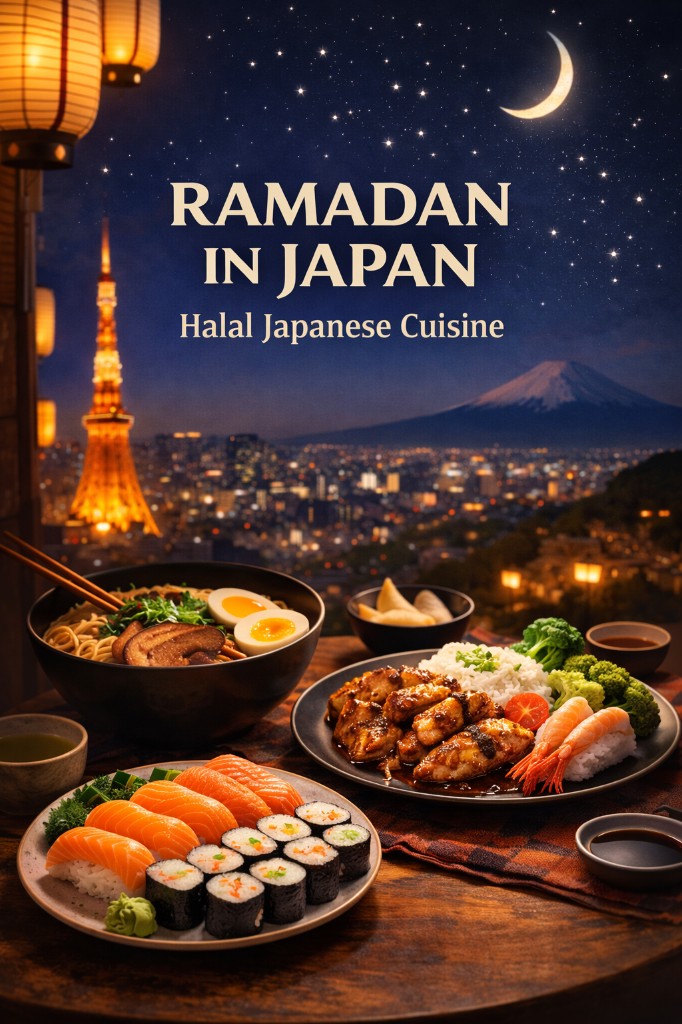 Ramadan in Japan — Halal Japanese Cuisine including sushi, ramen, and grilled dishes with Tokyo Tower and Mount Fuji in the background under a crescent moon night sky